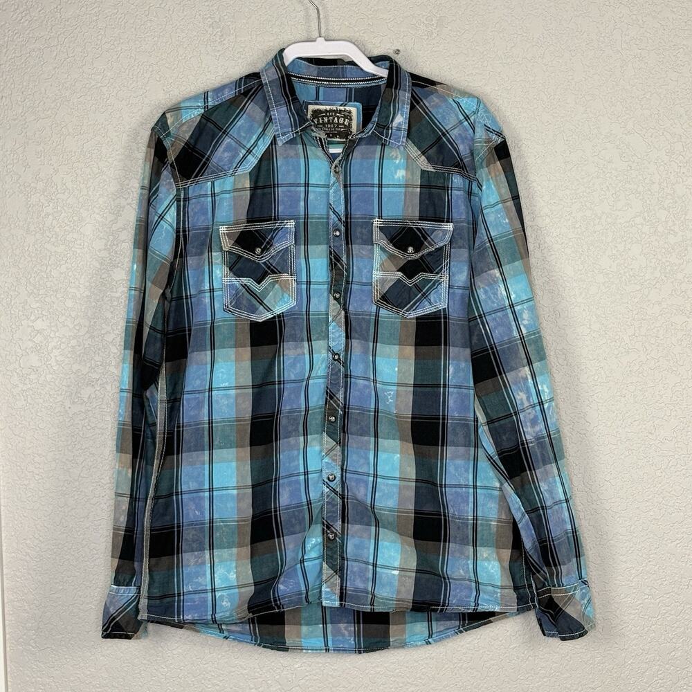 Buckle BKE Mens Pearl Snap Shirt Athletic Fit Western Cowboy Blue Plaid Size L
